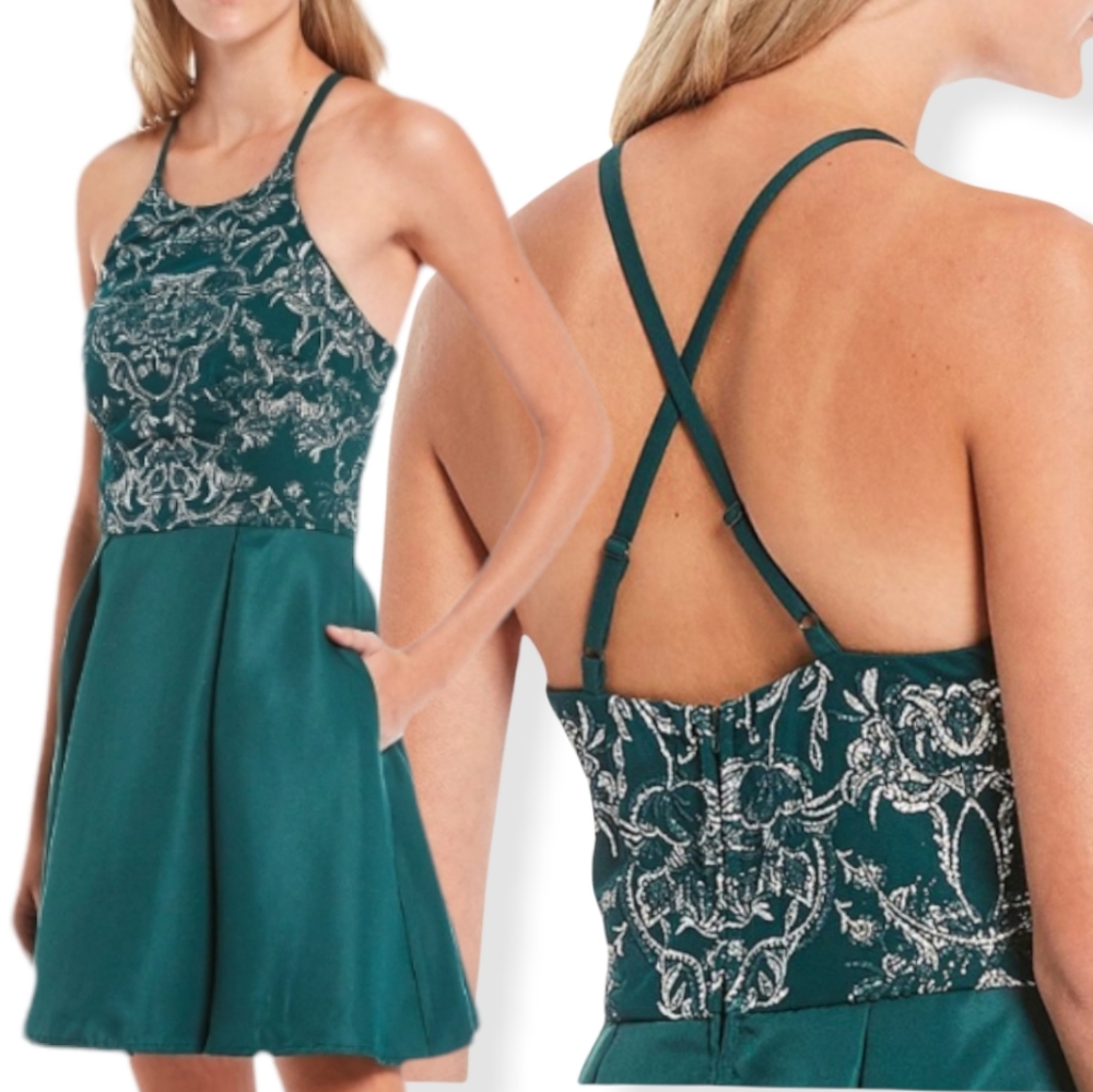 Xtraordinary💚High-Neck Beaded Caviar Bodice Mikado Dress, Emerald Green,NWT